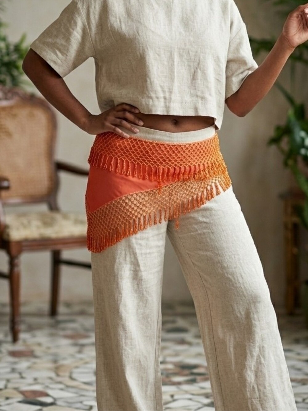 Handmade Orange Crochet Belly Dance Hip Scarf Beaded Fringe Wrap Belt Vintage